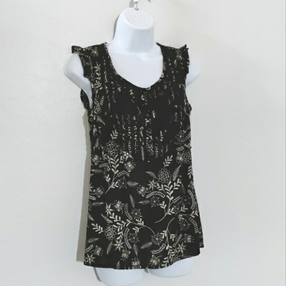 LOFT Tops - Ann Taylor Loft Top Size 8 Black Tan Floral Pleated Lace Detail Sleeveless